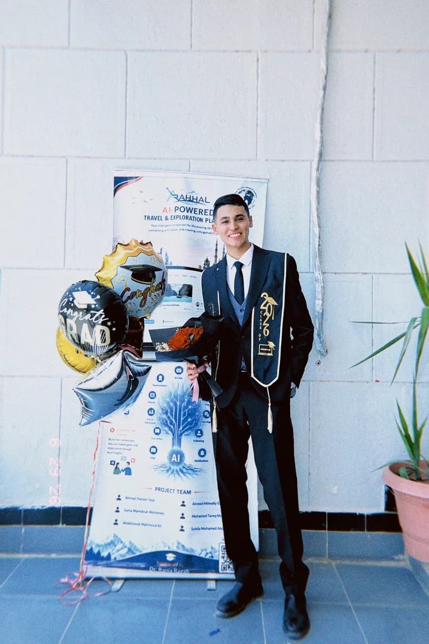 Graduation day, in front of the Rahal graduation project banner